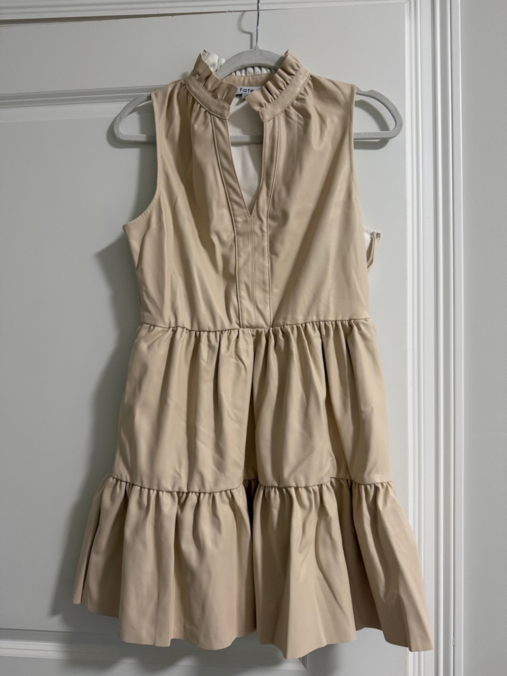 Fate Beige cream Tiered leather Mini Dress